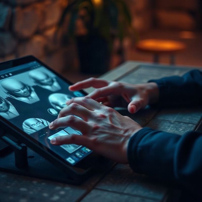 Ruke dizajnera na grafičkom tabletu s AI generiranim slikama na ekranu, indigo-tech ambijent